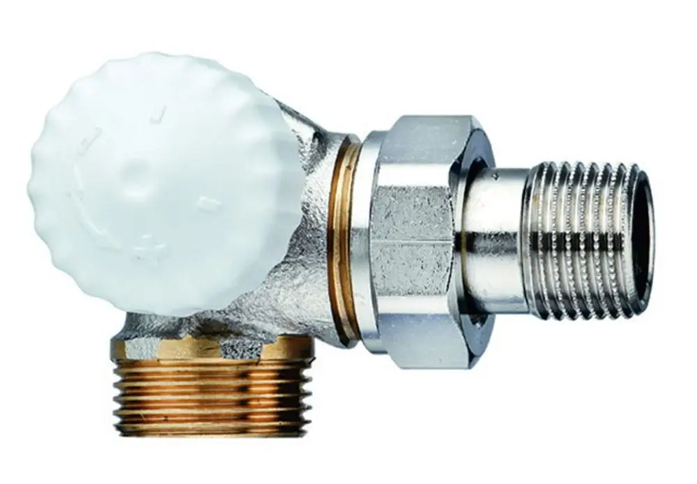 Thermostat-Ventilunterteil mit gewinkeltem Anschluss und Außengewinde, hergestellt von IMI Hydronic Engineering. Eignet sich für Heizungsanwendungen.